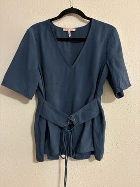 BCBGeneration Slate Blue V-Neck Lace-Up Waist Blouse
